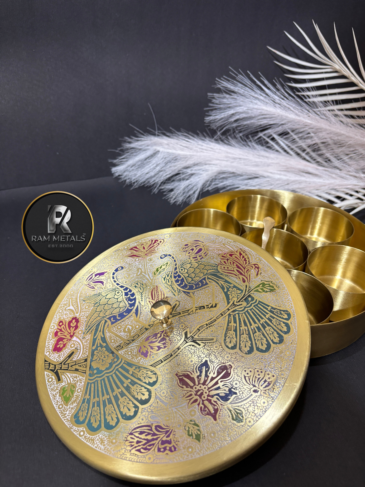 Premium Peacock Brass Masala Box with Engraved Lid and Spice Containers - Handcrafted Brass Spice Box Manufacturer in India